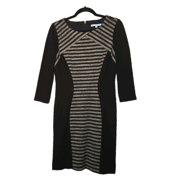 ANTONIO MELANI Dresses & Skirts - Antonio Melani Striped Bodycon Dress Womens Size 6 Black Gray 3/4 Sleeve Stretch